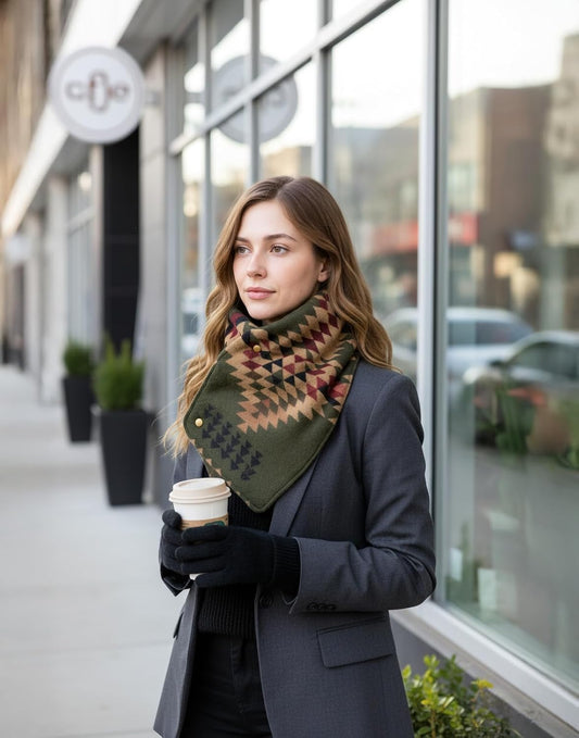 Achillea Southwestern Aztec Western Cowboy Scarf for Women, Tribal Snap Button Cowl Scarf, Geometric Neck Warmer & Gaiter