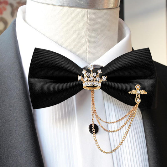 Adjustable Bowtie, Mens Black Bow Tie with Rhinestone Brooch Chain, Pre Tied Bow Ties for Men