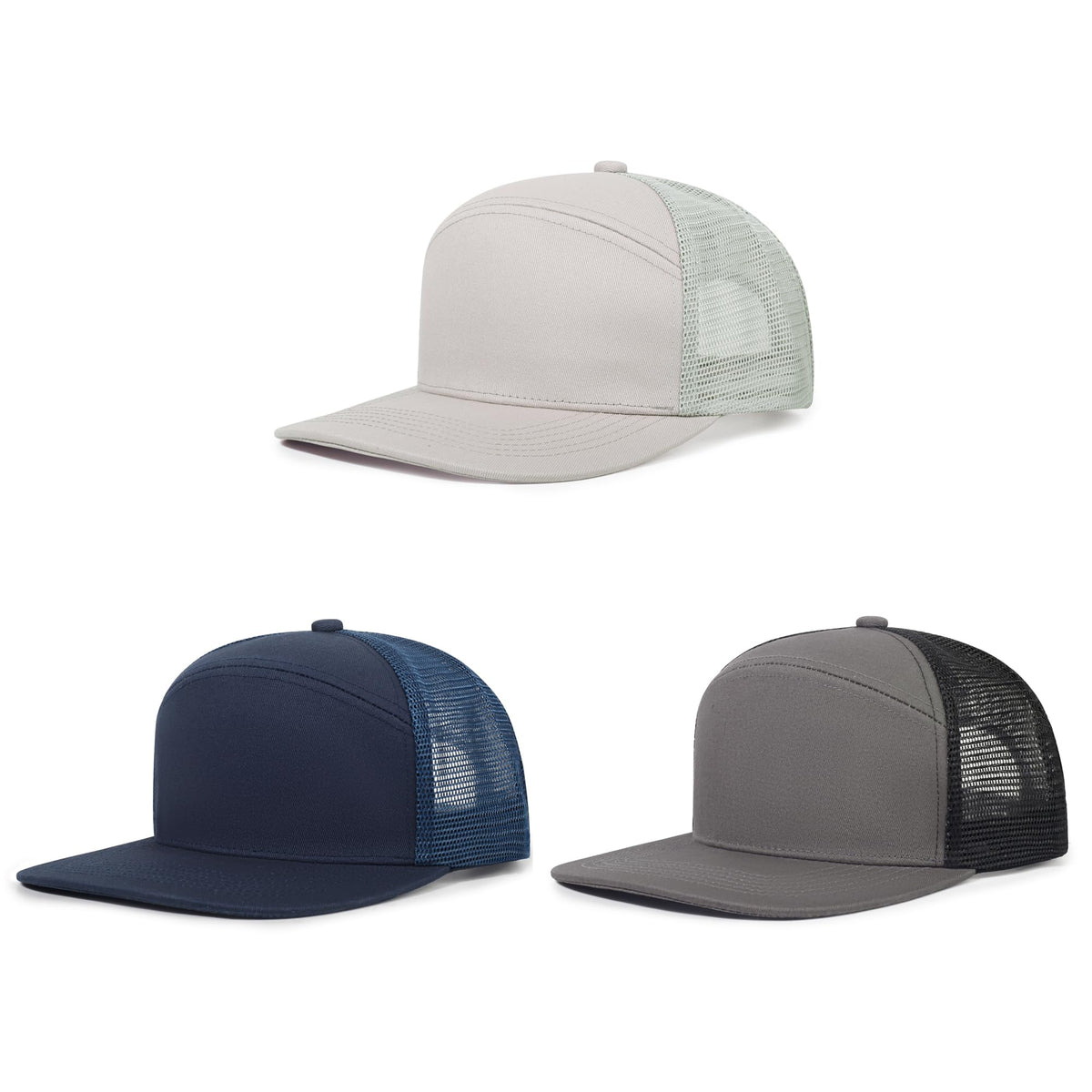 3Pcs Trucker Hats 7 Panel Blank Snapback Flat Brim Cap for Women Men