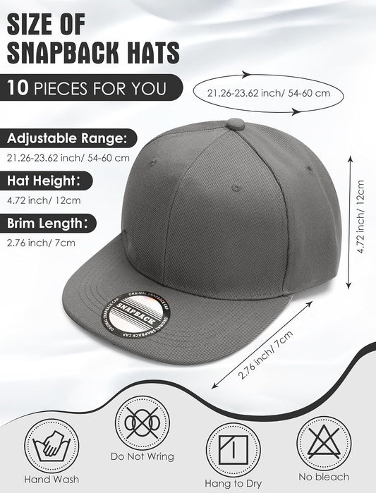 10 Pack Blank Snapback Hats for Men Flat Brim Hats Baseball Caps Bulk