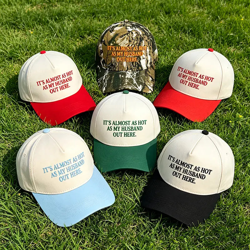 Women's Funny "Almost As Hot As My Husband" Embroidered Cool Hat - Retro Aesthetic 2-Tone Snapback, Casual Baseball Cap with Designs, Camo Graphic Summer Party Statement Cap, Gifts for Women