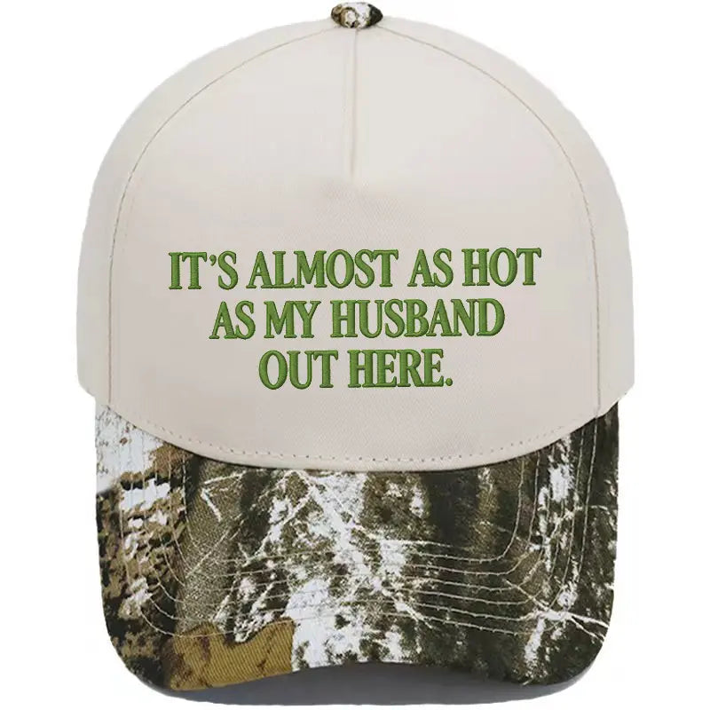 Women's Funny "Almost As Hot As My Husband" Embroidered Cool Hat - Retro Aesthetic 2-Tone Snapback, Casual Baseball Cap with Designs, Camo Graphic Summer Party Statement Cap, Gifts for Women