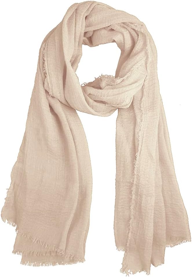 Summer Cotton Blend Crinkle Vintage Soft Scarf with Fringed Edges 35" × 70"
