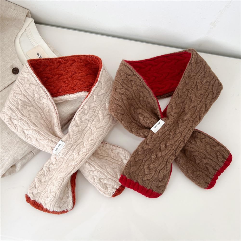Short Winter Scarf for Women Soft Cable Knit Color Block Scarf Neck Warmer Lightweight Cozy Fashion Scarves Gifts
