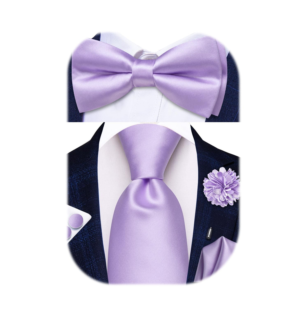 5Pcs Mens Solid Tie Satin Bowtie Lapel Pin Handkerchief Cufflink