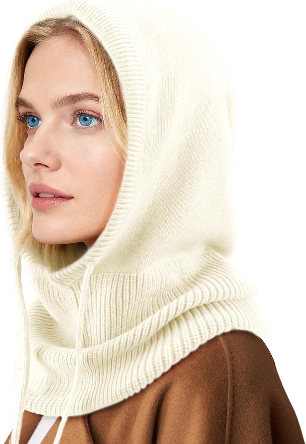 Hooded Scarf Hat Knit Balaclava Women Beanie Skull Cap with Drawstring Warm Winter Hats for Women Men Outdoor Sports