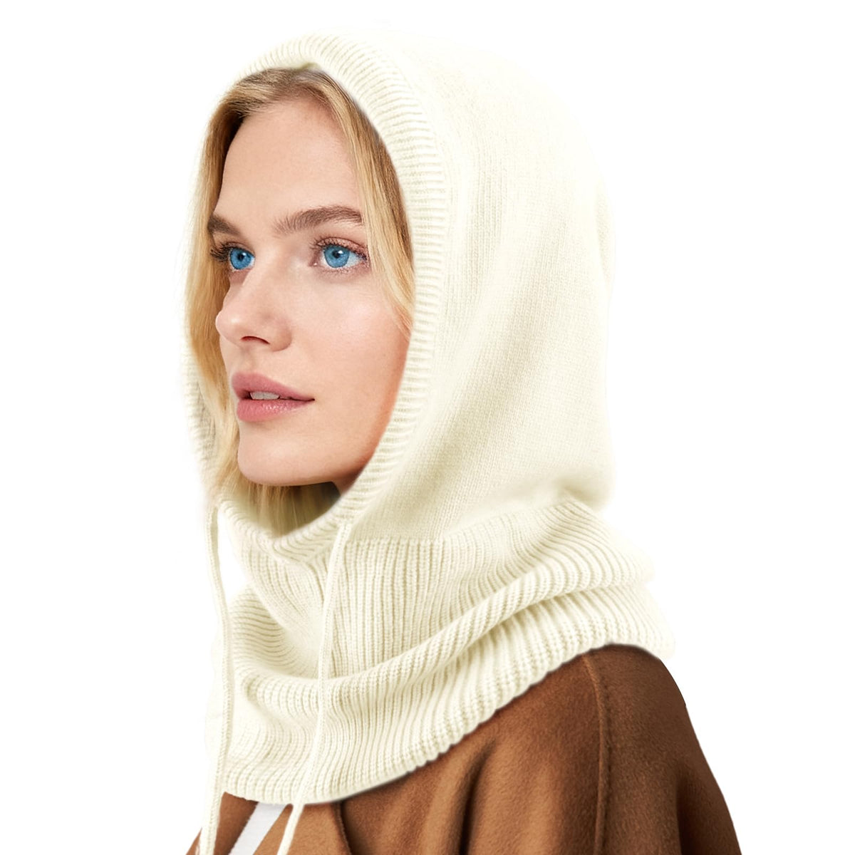 Hooded Scarf Hat Knit Balaclava Women Beanie Skull Cap with Drawstring Warm Winter Hats for Women Men Outdoor Sports