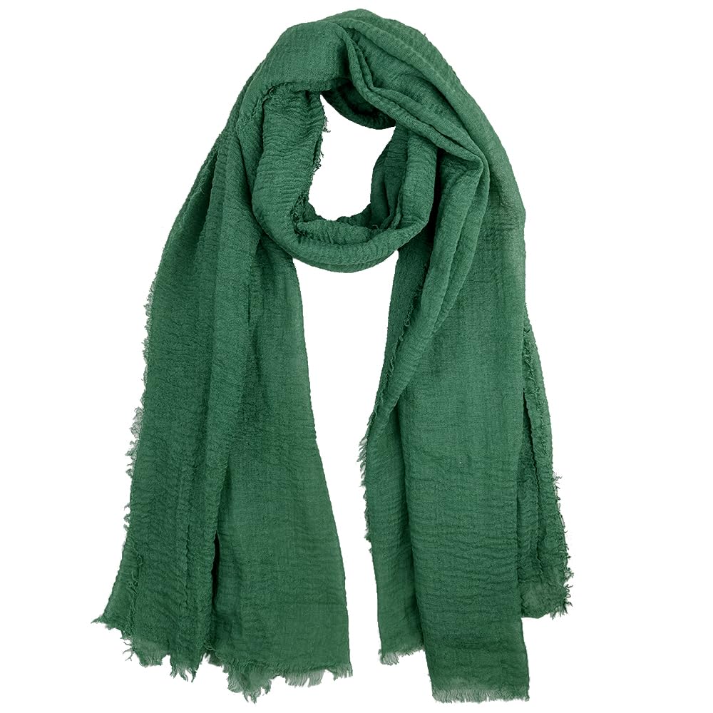 Summer Cotton Blend Crinkle Vintage Soft Scarf with Fringed Edges 35" × 70"