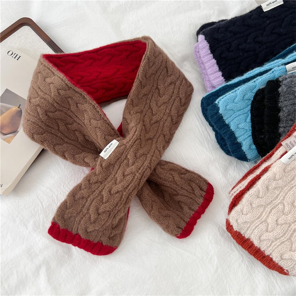 Short Winter Scarf for Women Soft Cable Knit Color Block Scarf Neck Warmer Lightweight Cozy Fashion Scarves Gifts