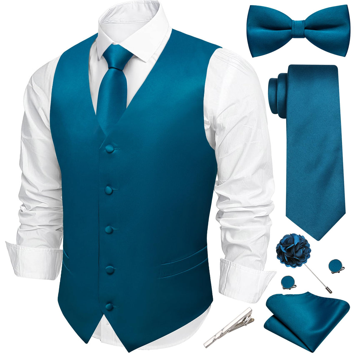 Barry.Wang Men's Suit Vest Tie Bowtie Hanky Cufflinks Clip Brooch 7PCS