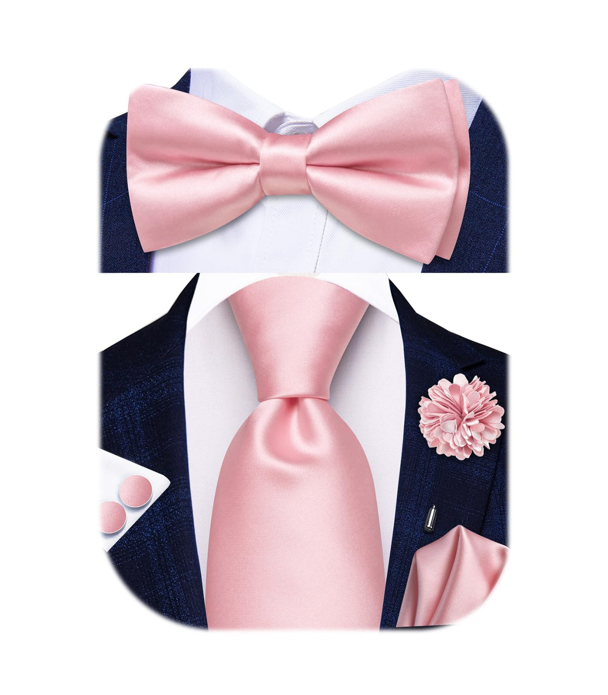 5Pcs Mens Solid Tie Satin Bowtie Lapel Pin Handkerchief Cufflink