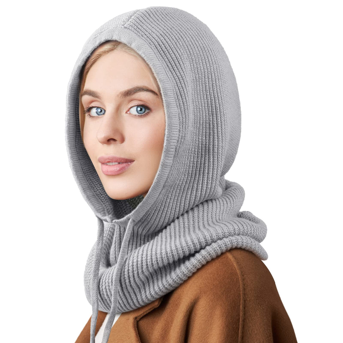 Hooded Scarf Hat Knit Balaclava Women Beanie Skull Cap with Drawstring Warm Winter Hats for Women Men Outdoor Sports