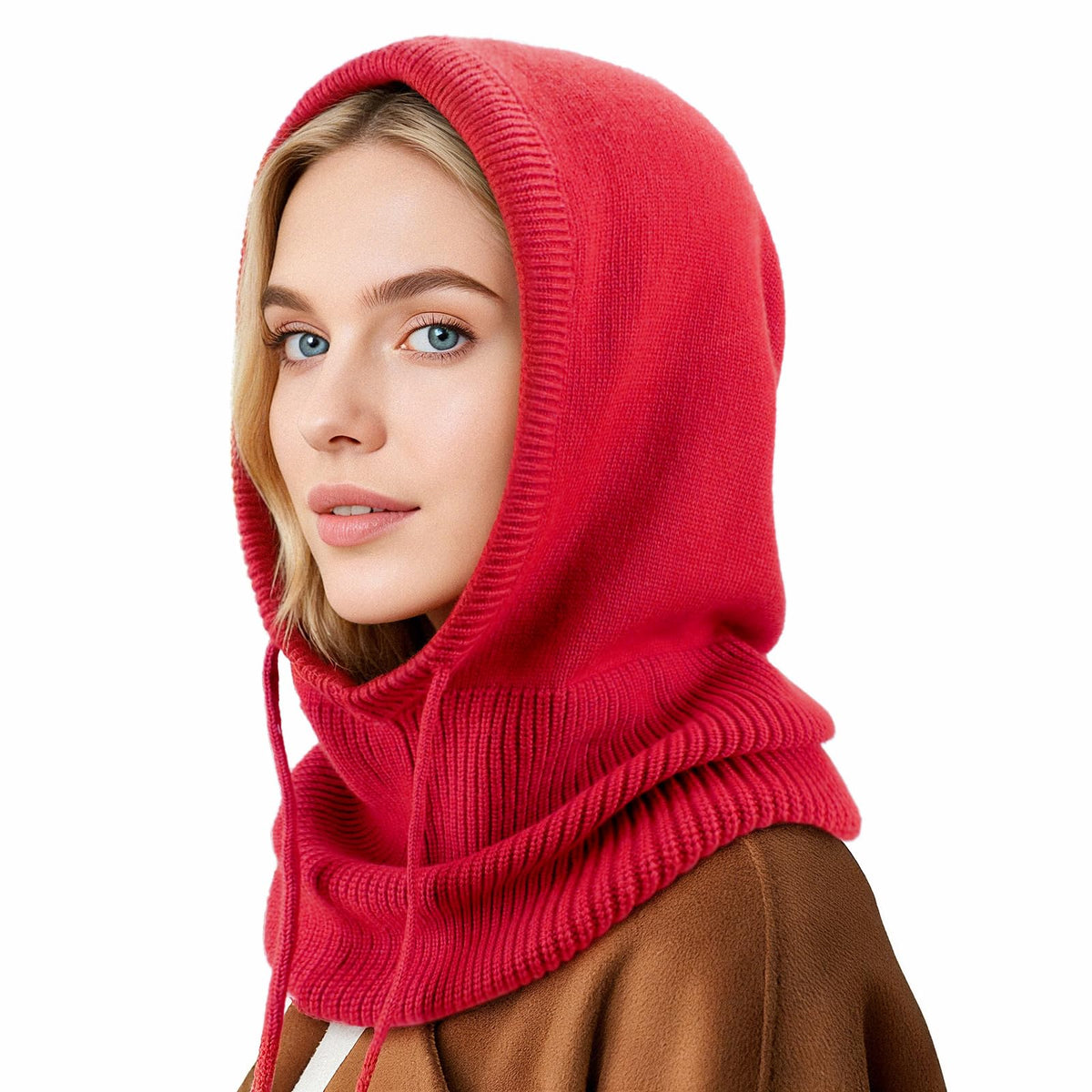 Hooded Scarf Hat Knit Balaclava Women Beanie Skull Cap with Drawstring Warm Winter Hats for Women Men Outdoor Sports