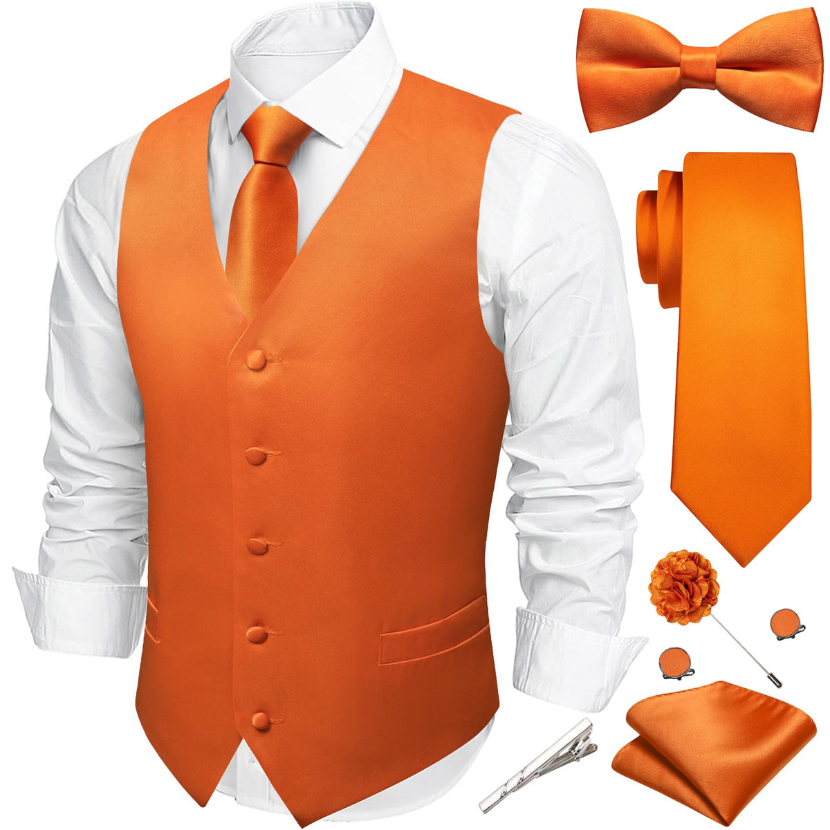 Barry.Wang Men's Suit Vest Tie Bowtie Hanky Cufflinks Clip Brooch 7PCS