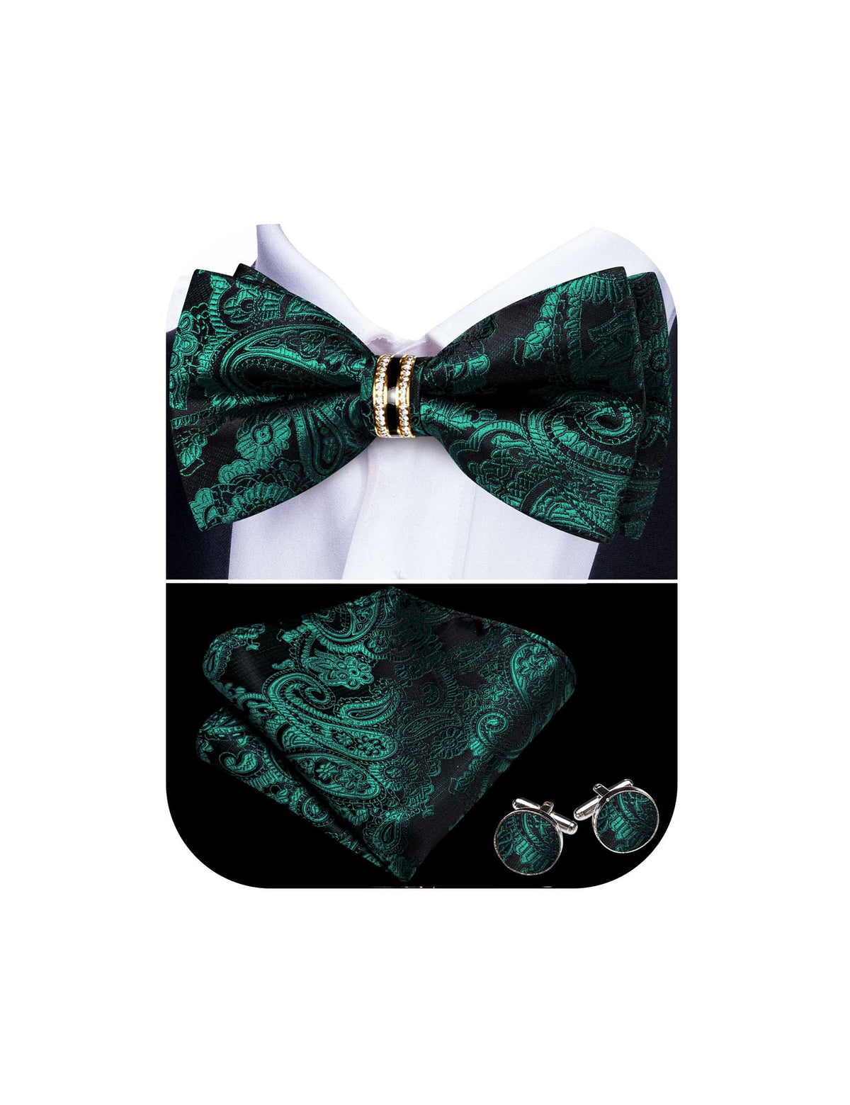 YOHOWA Bow Tie Set Men Paisley Pre-tied Silk Bowties with Gold Drilled Ring