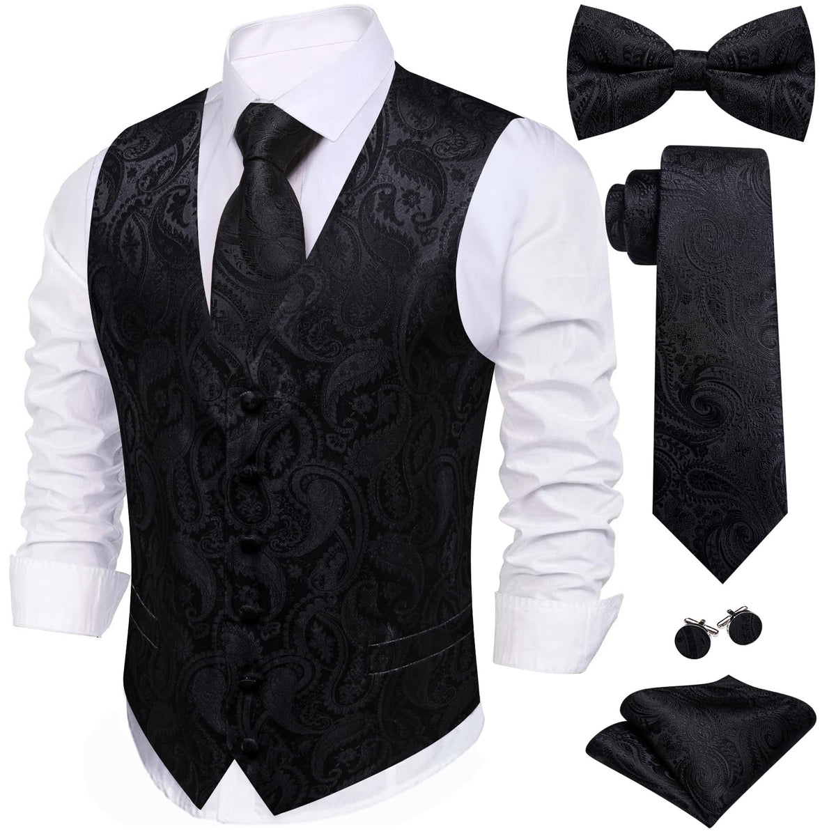 Barry.Wang Men's Suit Vest Tie Bowtie Hanky Cufflinks Clip Brooch 7PCS