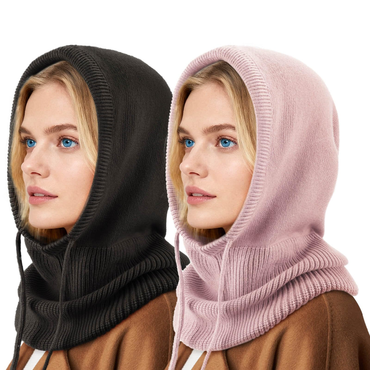 Hooded Scarf Hat Knit Balaclava Women Beanie Skull Cap with Drawstring Warm Winter Hats for Women Men Outdoor Sports