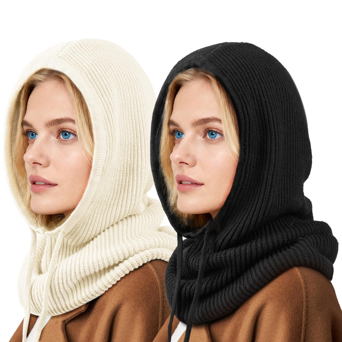 Hooded Scarf Hat Knit Balaclava Women Beanie Skull Cap with Drawstring Warm Winter Hats for Women Men Outdoor Sports