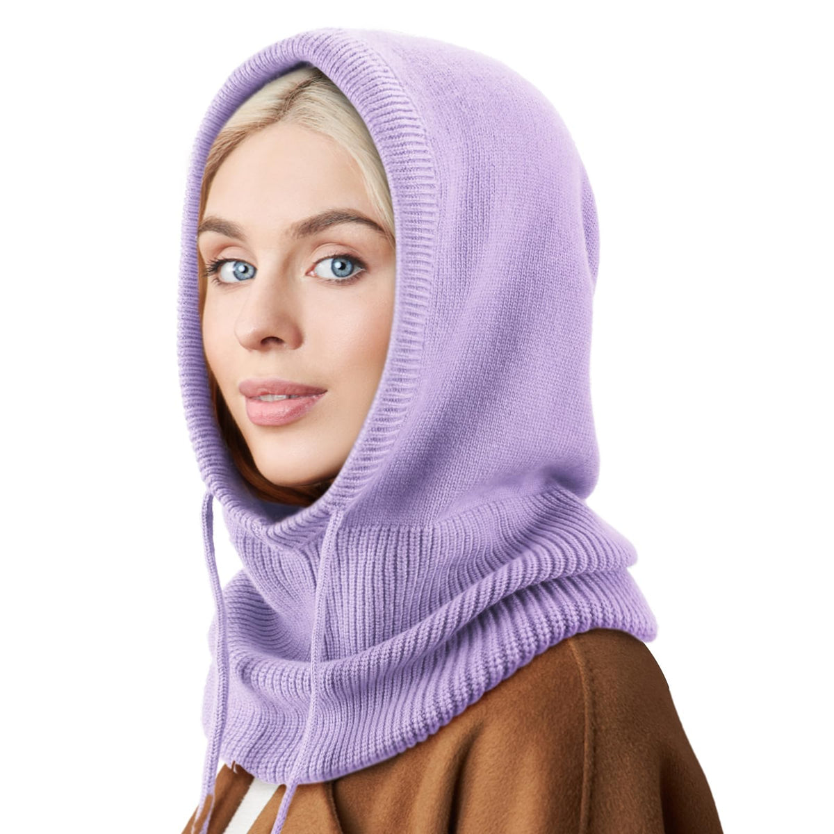 Hooded Scarf Hat Knit Balaclava Women Beanie Skull Cap with Drawstring Warm Winter Hats for Women Men Outdoor Sports