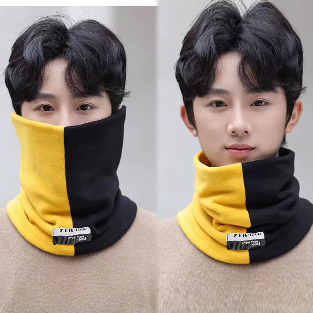 Two-Tone Color Combination Nylon Warm Scarf Thick Nylon Women Men Round Scarves Winter Neck Warmer Winter Gifts for Friends (Blue-Brown, 23x24cm)