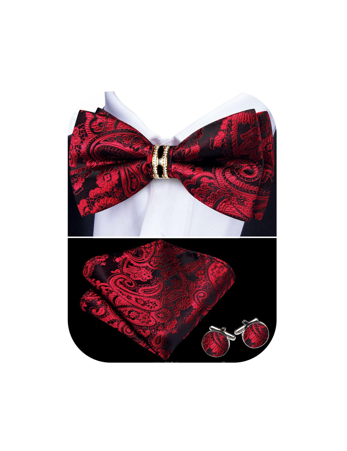 YOHOWA Bow Tie Set Men Paisley Pre-tied Silk Bowties with Gold Drilled Ring