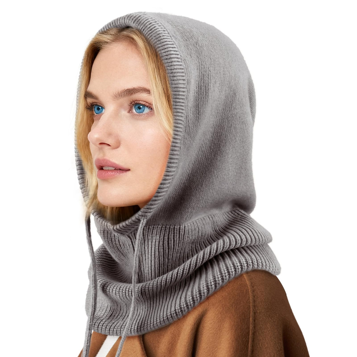 Hooded Scarf Hat Knit Balaclava Women Beanie Skull Cap with Drawstring Warm Winter Hats for Women Men Outdoor Sports