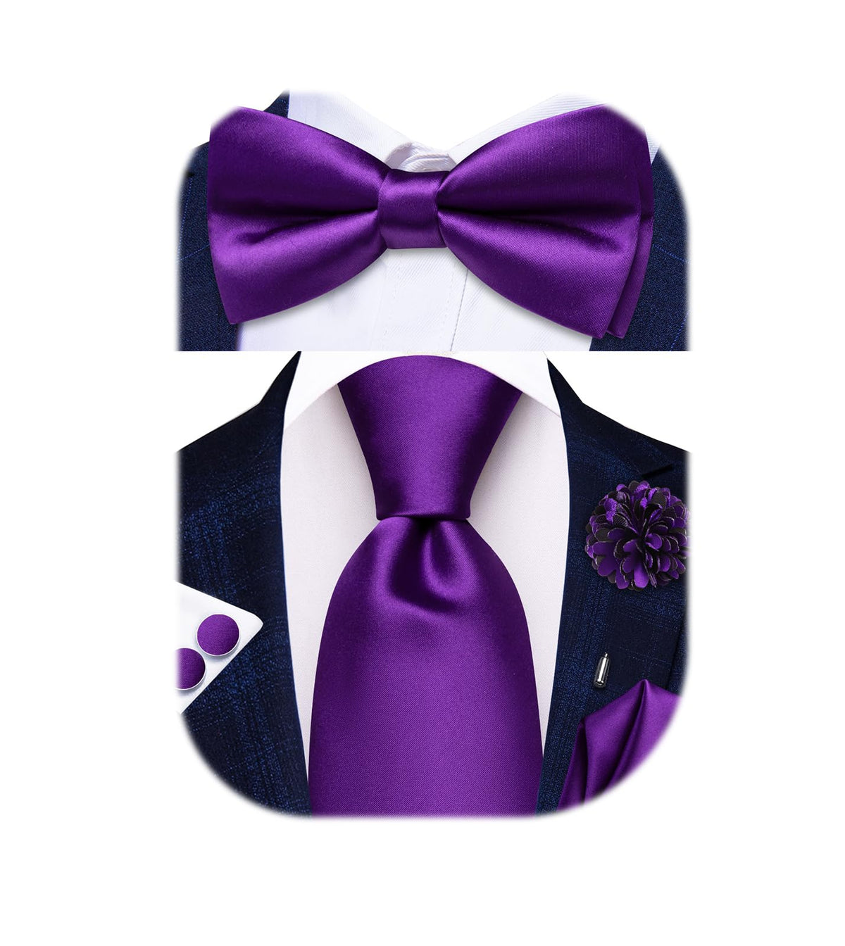 5Pcs Mens Solid Tie Satin Bowtie Lapel Pin Handkerchief Cufflink