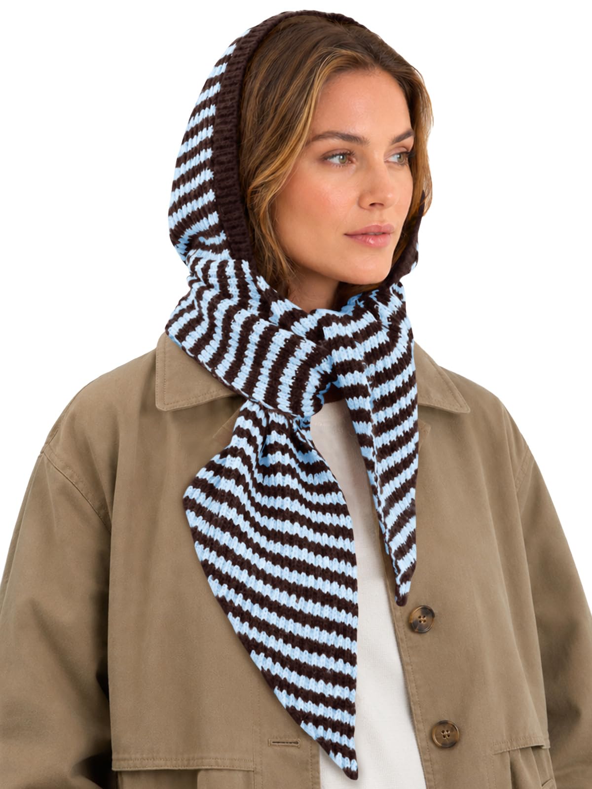 Saodimallsu Womens Striped Hooded Scarf Knit Hat Winter Warm Neck Wrap
