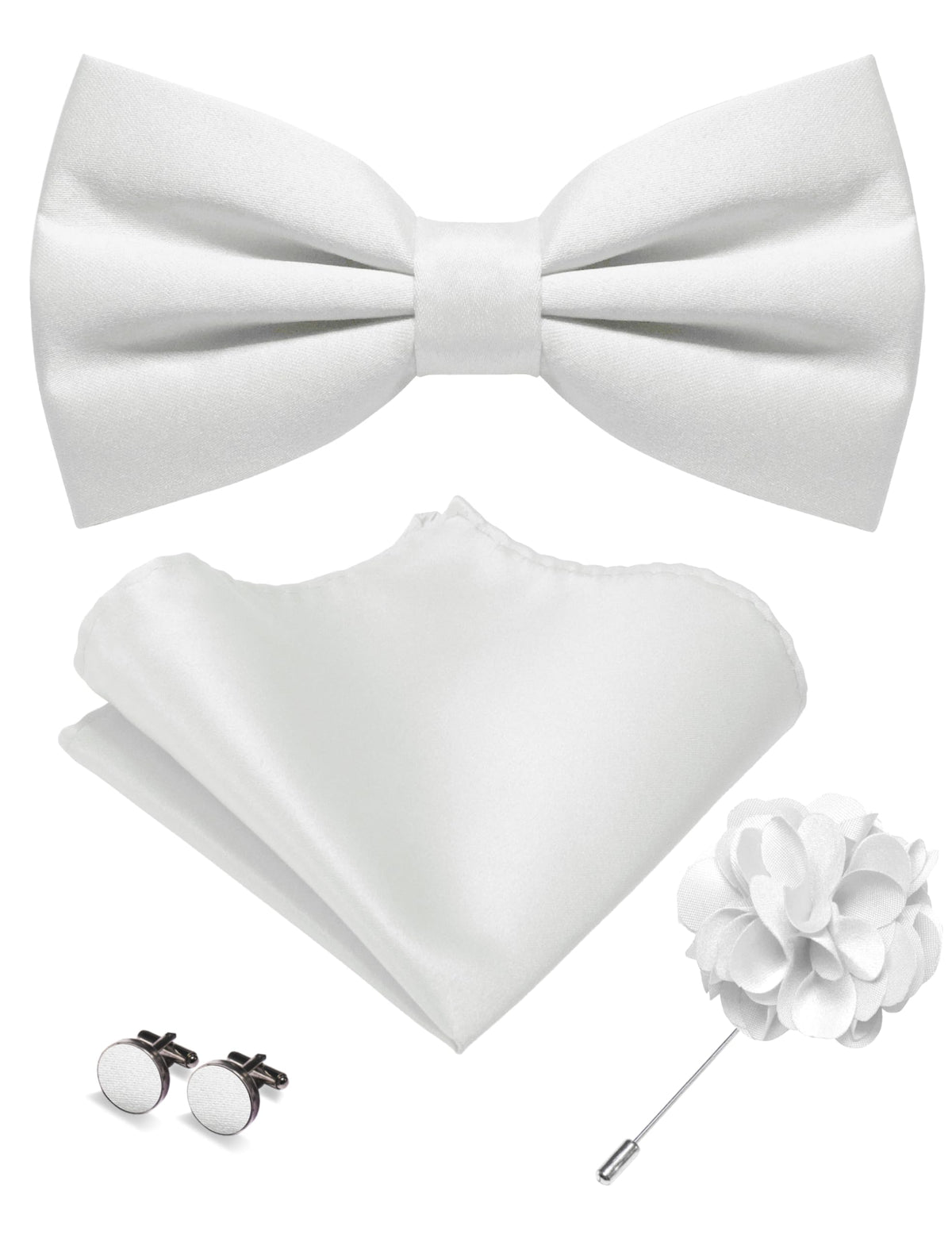 JEMYGINS Solid Color Pre-tied Bow Tie and Pocket Square Cufflinks Lapel Pin Sets for Men 4PCS
