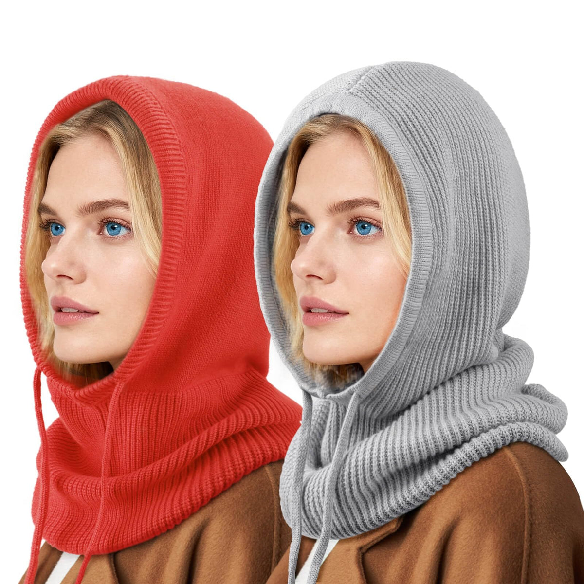 Hooded Scarf Hat Knit Balaclava Women Beanie Skull Cap with Drawstring Warm Winter Hats for Women Men Outdoor Sports