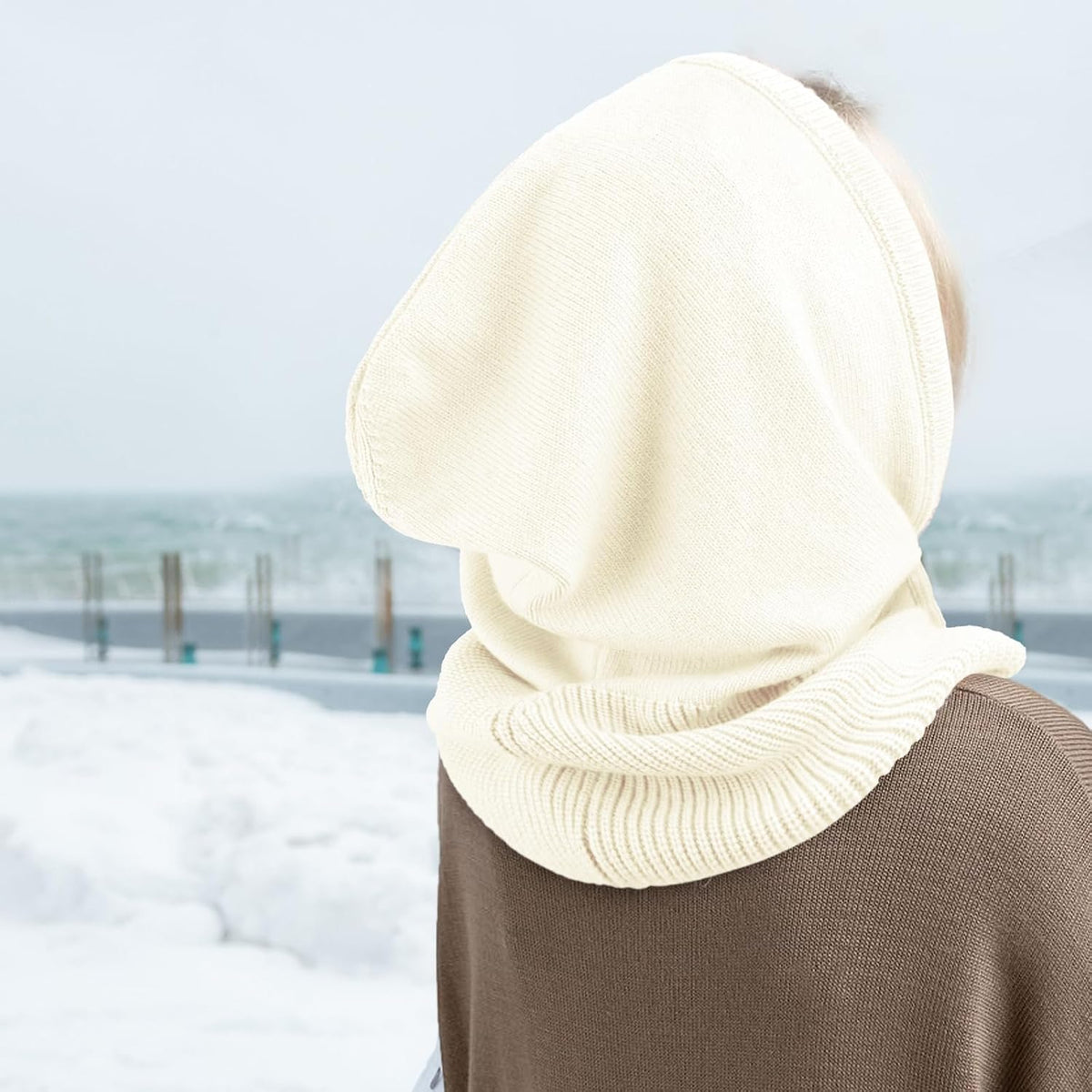 Hooded Scarf Hat Knit Balaclava Women Beanie Skull Cap with Drawstring Warm Winter Hats for Women Men Outdoor Sports