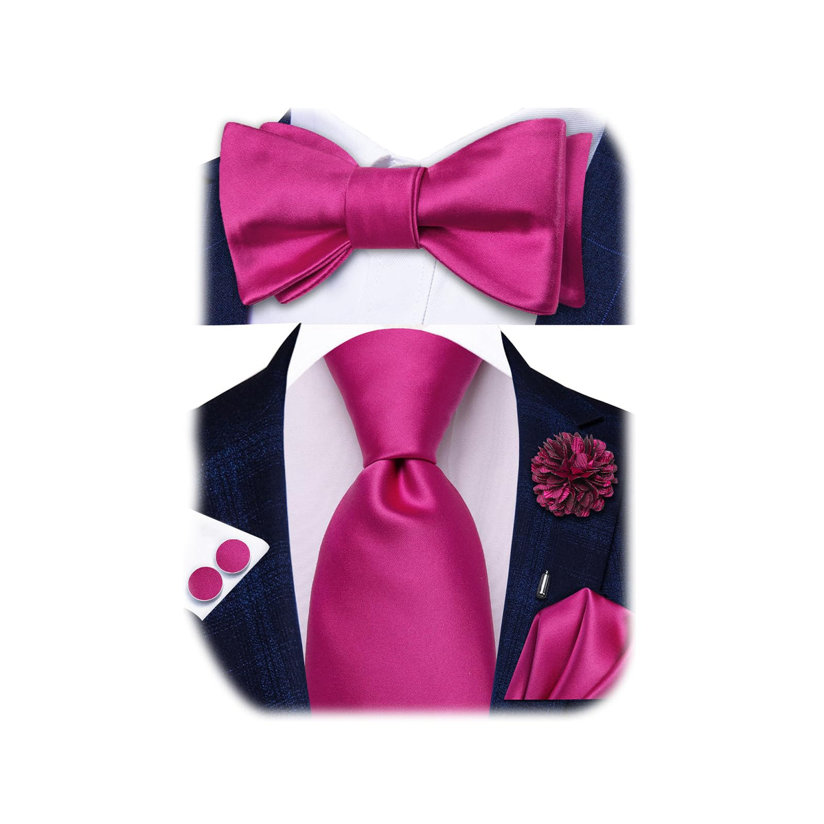 5Pcs Mens Solid Tie Satin Bowtie Lapel Pin Handkerchief Cufflink
