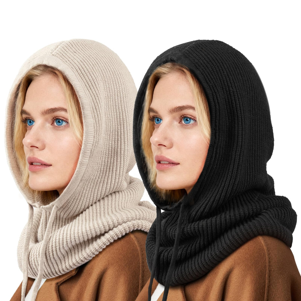 Hooded Scarf Hat Knit Balaclava Women Beanie Skull Cap with Drawstring Warm Winter Hats for Women Men Outdoor Sports