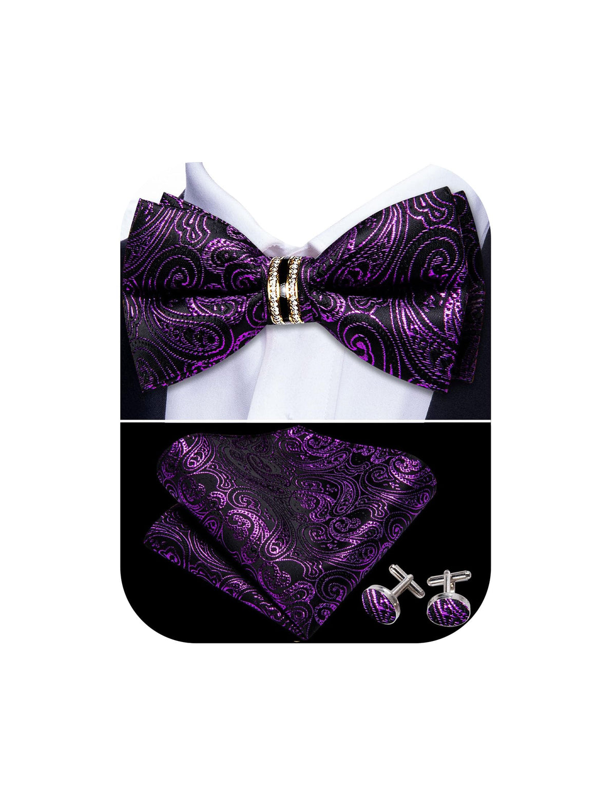 YOHOWA Bow Tie Set Men Paisley Pre-tied Silk Bowties with Gold Drilled Ring