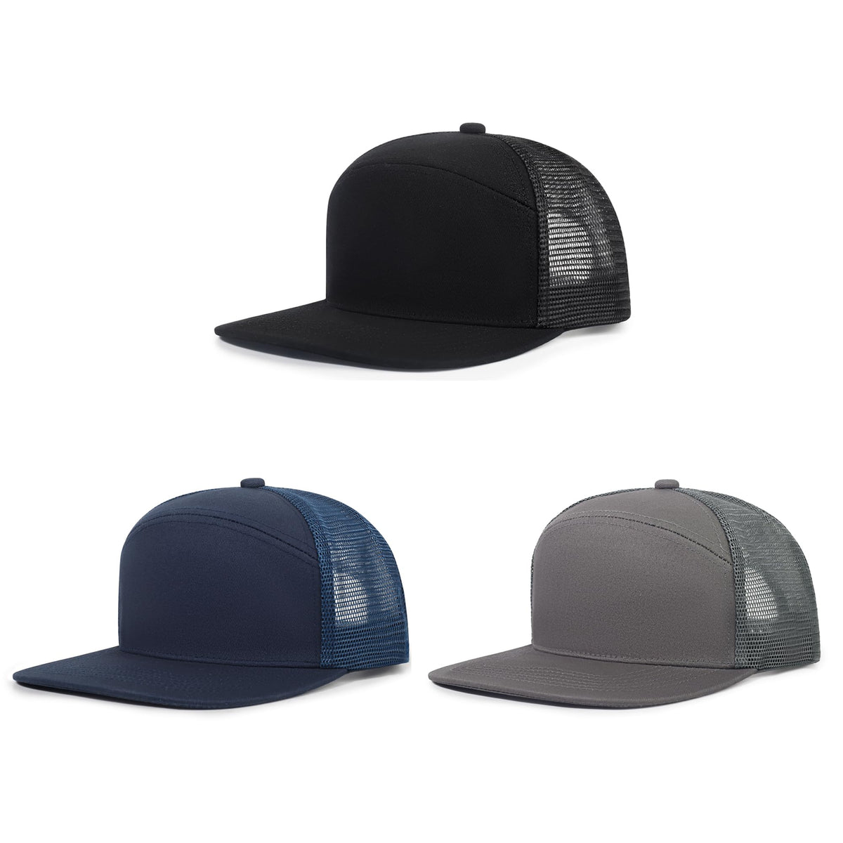 3Pcs Trucker Hats 7 Panel Blank Snapback Flat Brim Cap for Women Men