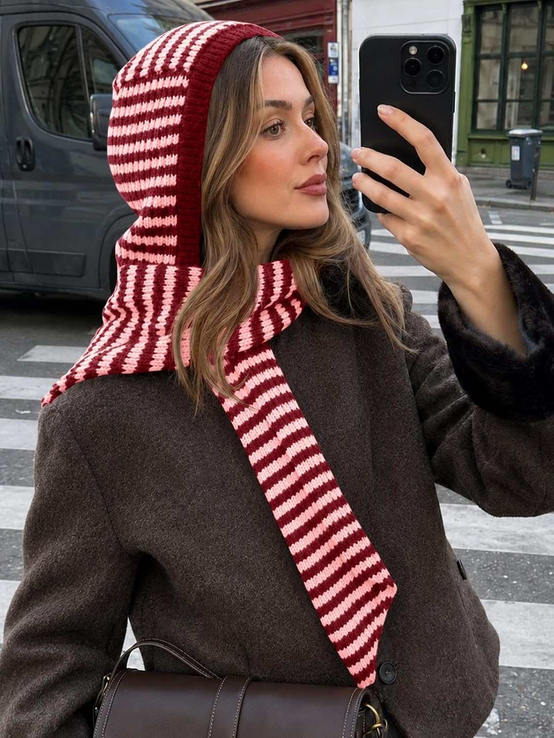 Saodimallsu Womens Striped Hooded Scarf Knit Hat Winter Warm Neck Wrap