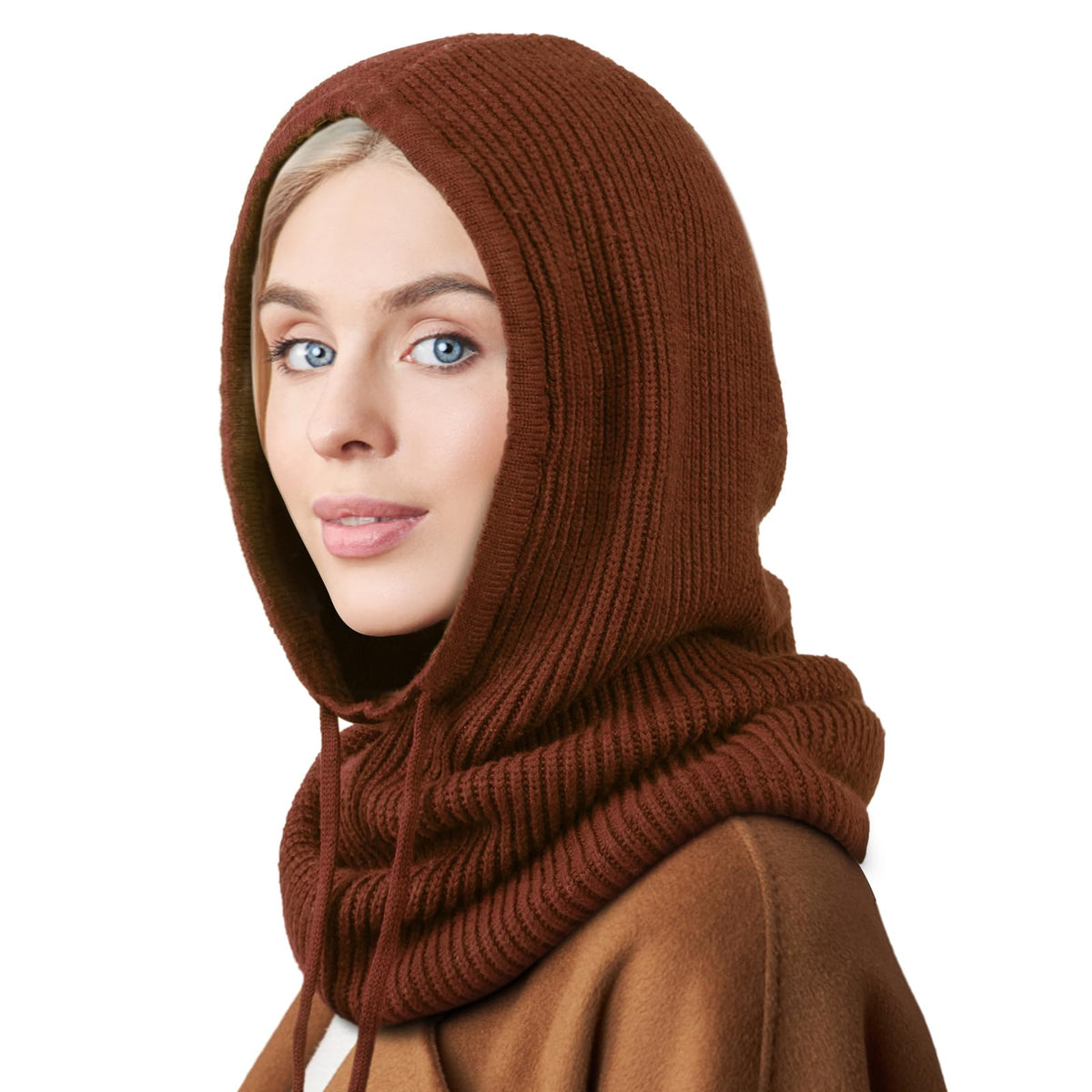 Hooded Scarf Hat Knit Balaclava Women Beanie Skull Cap with Drawstring Warm Winter Hats for Women Men Outdoor Sports