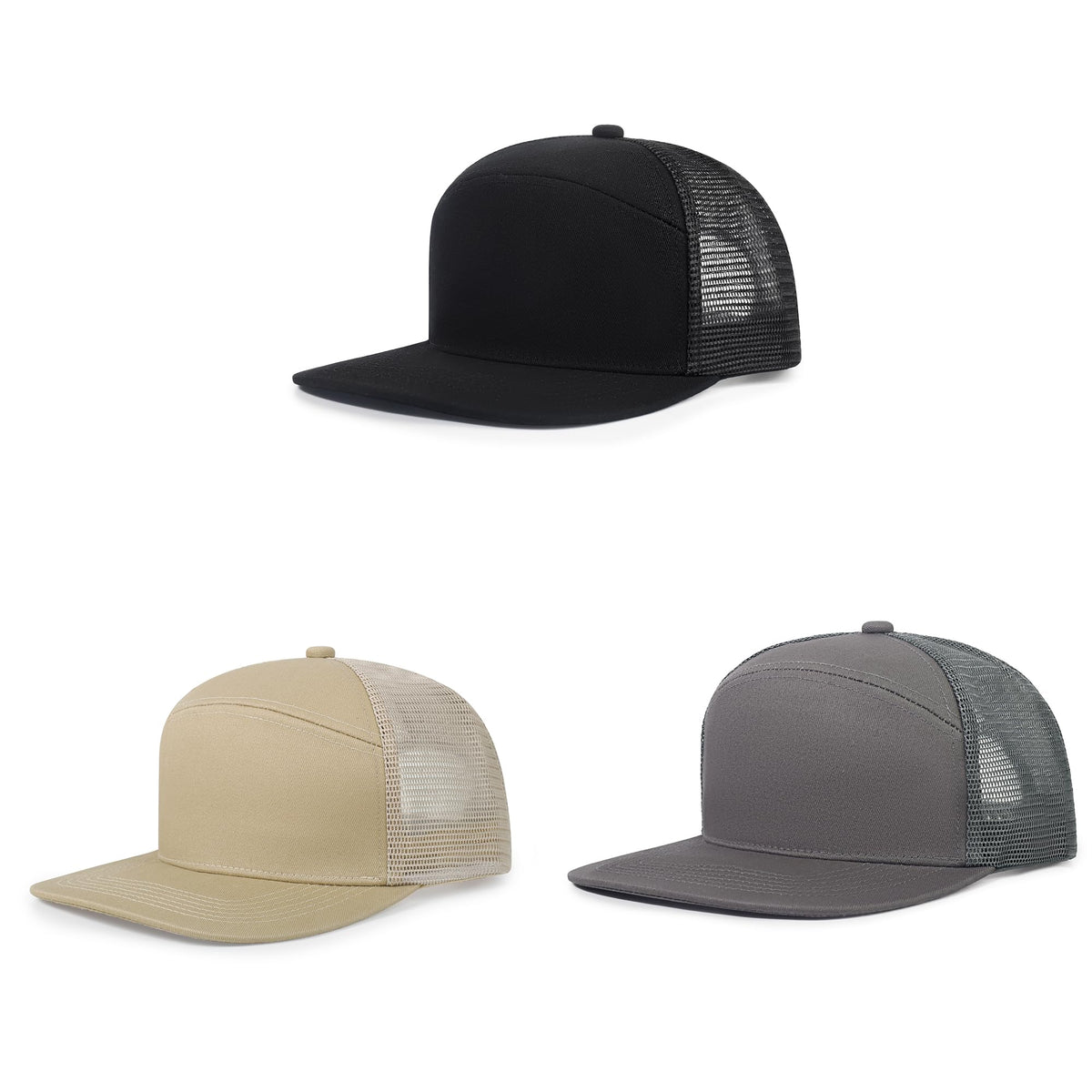 3Pcs Trucker Hats 7 Panel Blank Snapback Flat Brim Cap for Women Men