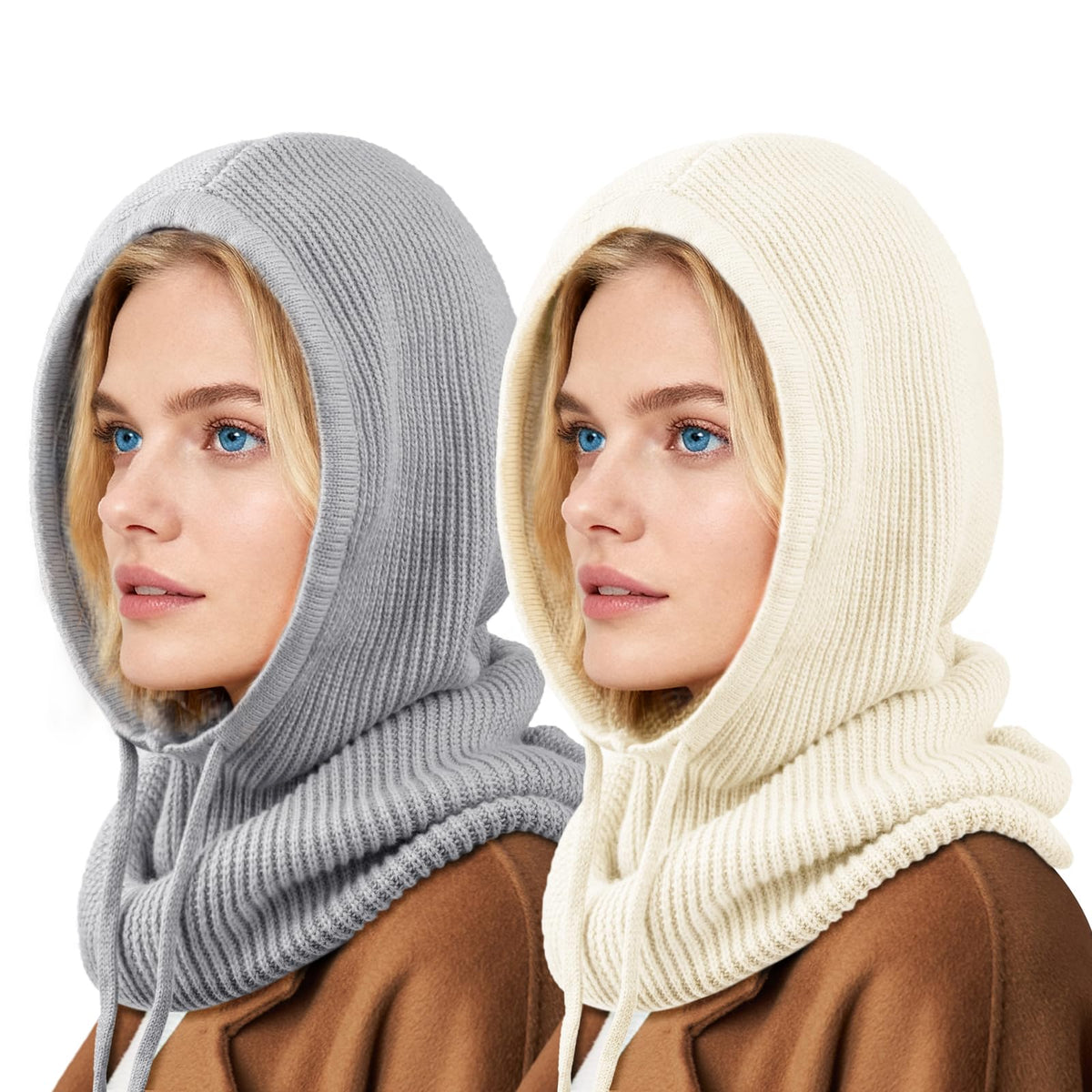 Hooded Scarf Hat Knit Balaclava Women Beanie Skull Cap with Drawstring Warm Winter Hats for Women Men Outdoor Sports