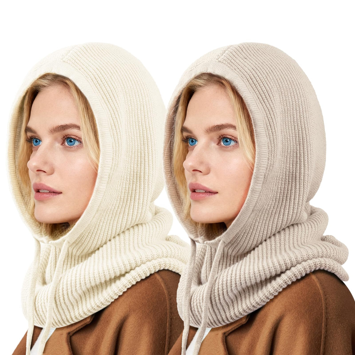Hooded Scarf Hat Knit Balaclava Women Beanie Skull Cap with Drawstring Warm Winter Hats for Women Men Outdoor Sports