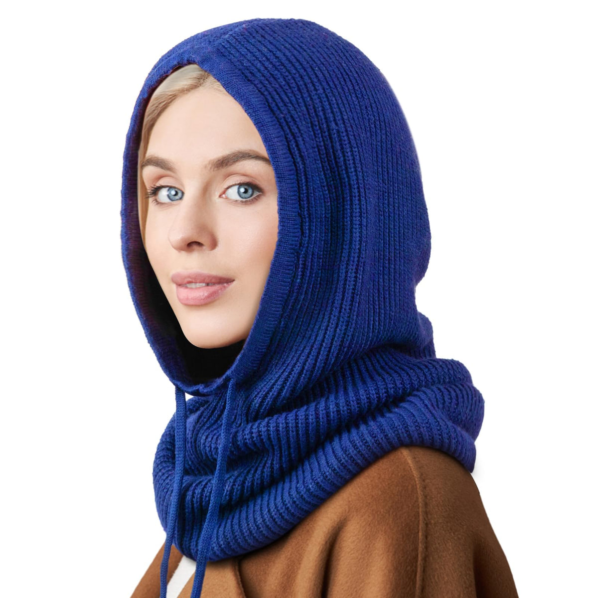 Hooded Scarf Hat Knit Balaclava Women Beanie Skull Cap with Drawstring Warm Winter Hats for Women Men Outdoor Sports