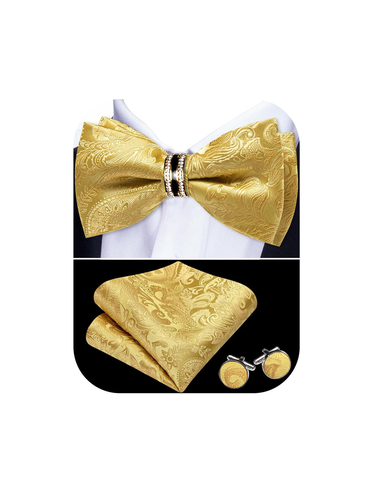 YOHOWA Bow Tie Set Men Paisley Pre-tied Silk Bowties with Gold Drilled Ring