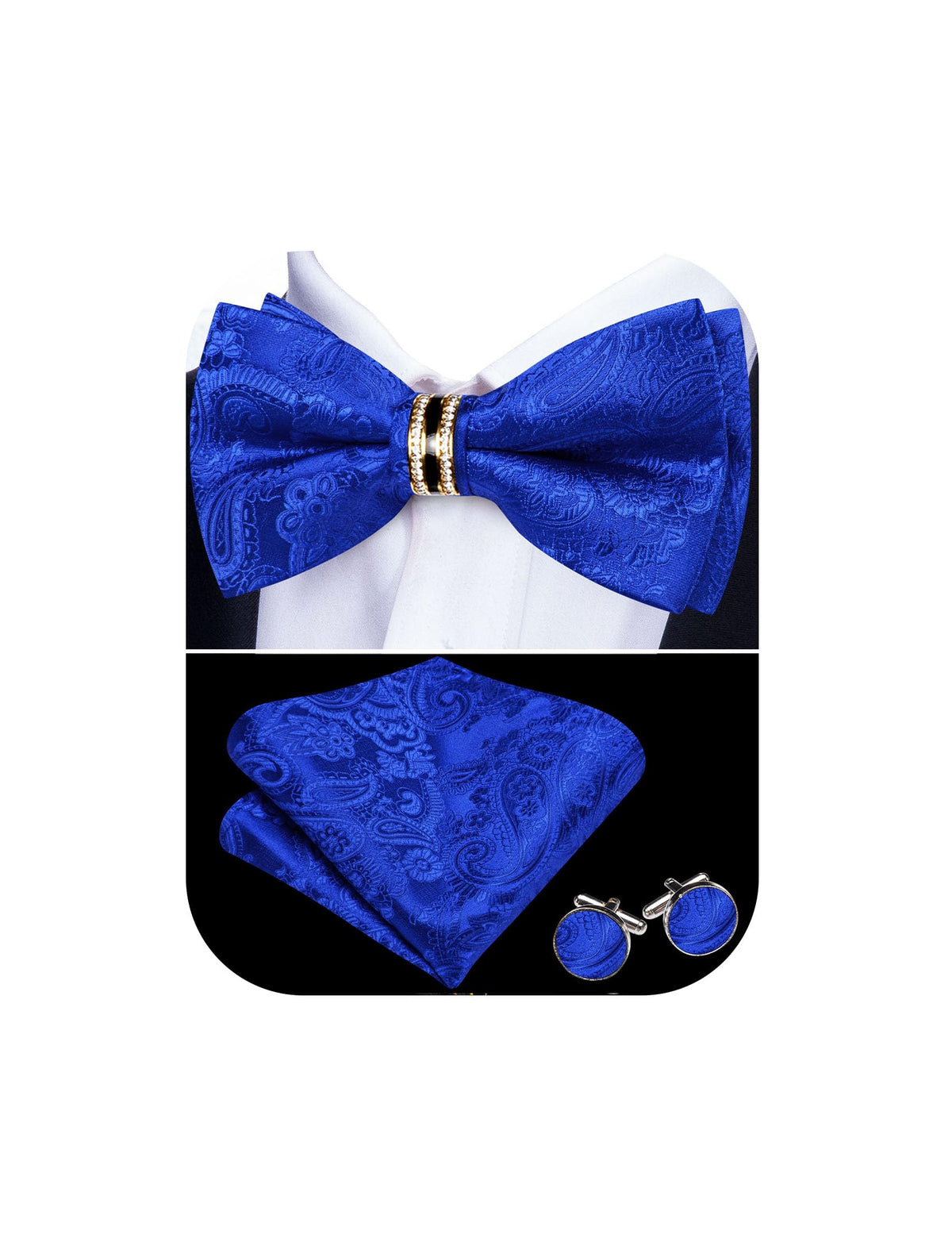 YOHOWA Bow Tie Set Men Paisley Pre-tied Silk Bowties with Gold Drilled Ring