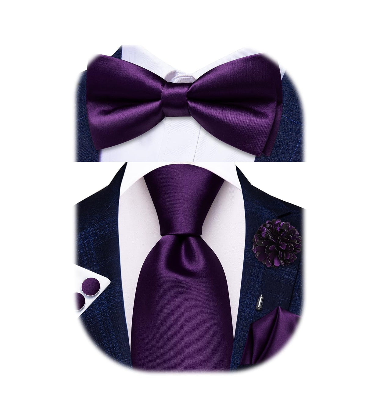 5Pcs Mens Solid Tie Satin Bowtie Lapel Pin Handkerchief Cufflink