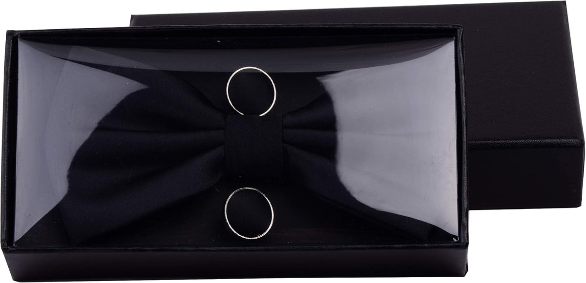GUSLESON Mens Solid Color Double Fold Pre-tied Bow Tie and Pocket Square Cufflink Set with Gift Box