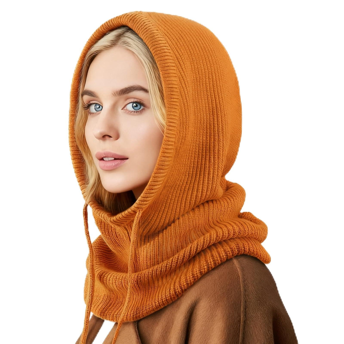 Hooded Scarf Hat Knit Balaclava Women Beanie Skull Cap with Drawstring Warm Winter Hats for Women Men Outdoor Sports