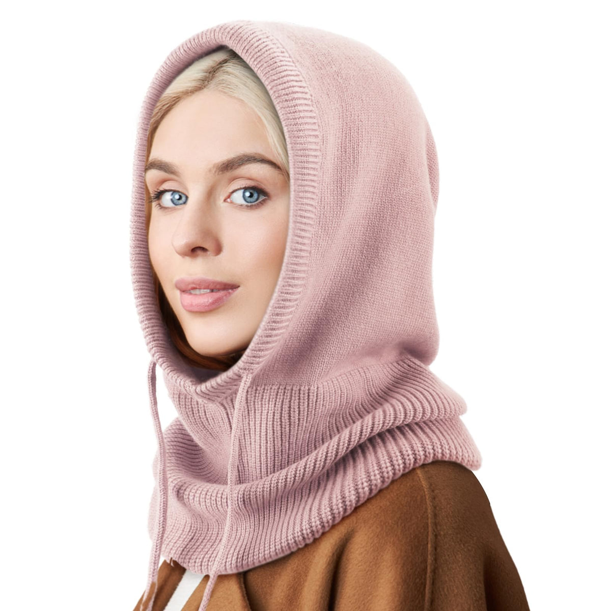 Hooded Scarf Hat Knit Balaclava Women Beanie Skull Cap with Drawstring Warm Winter Hats for Women Men Outdoor Sports