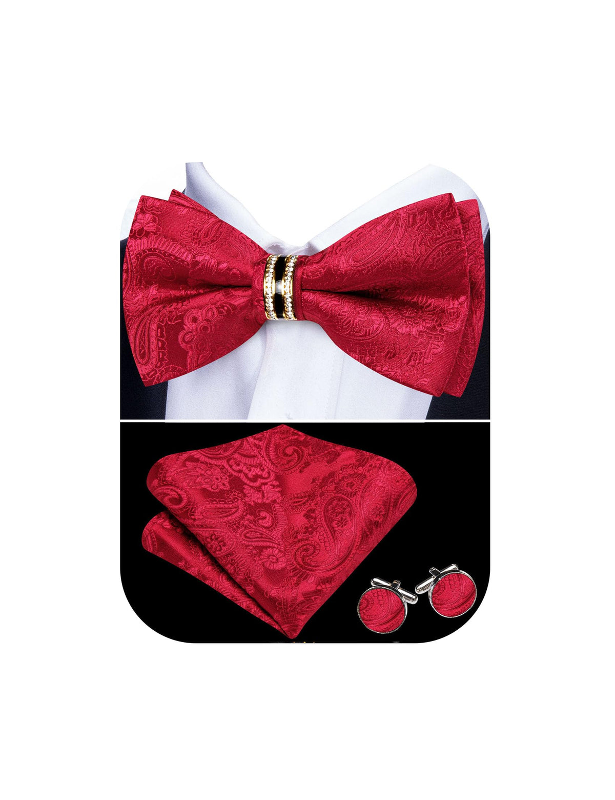 YOHOWA Bow Tie Set Men Paisley Pre-tied Silk Bowties with Gold Drilled Ring