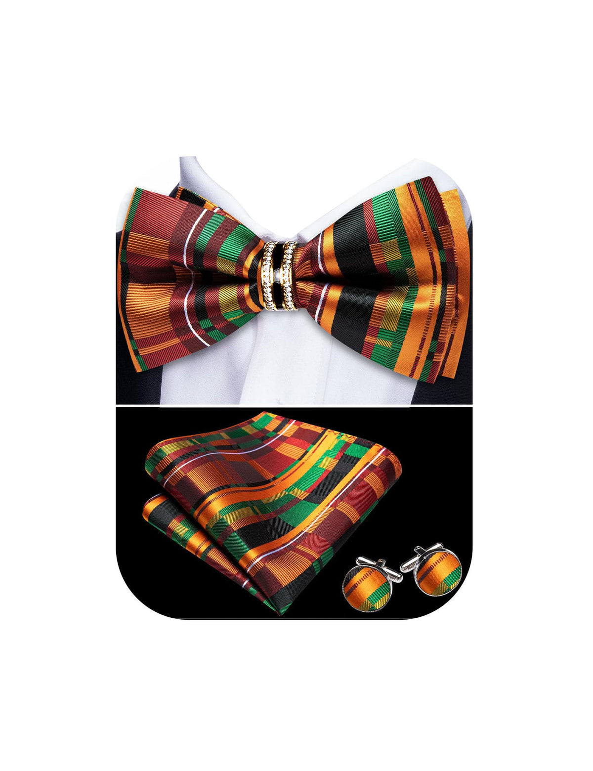 YOHOWA Bow Tie Set Men Paisley Pre-tied Silk Bowties with Gold Drilled Ring