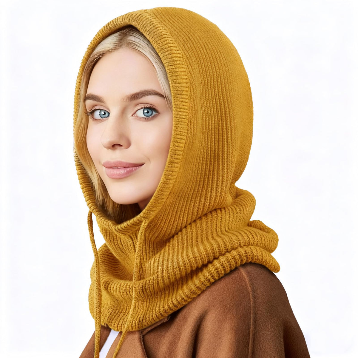 Hooded Scarf Hat Knit Balaclava Women Beanie Skull Cap with Drawstring Warm Winter Hats for Women Men Outdoor Sports